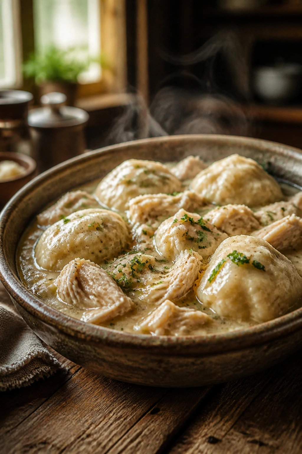 Close-up plate of chicken and dumplings with gravy on a rustic table in a cozy kitchen