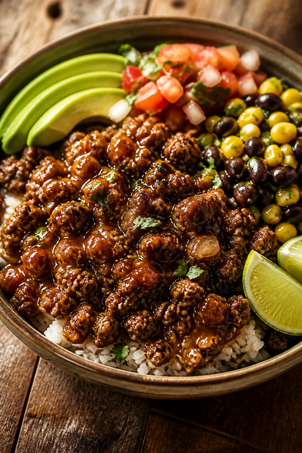Close-up of a southwest hot honey beef bowl with black beans and corn.