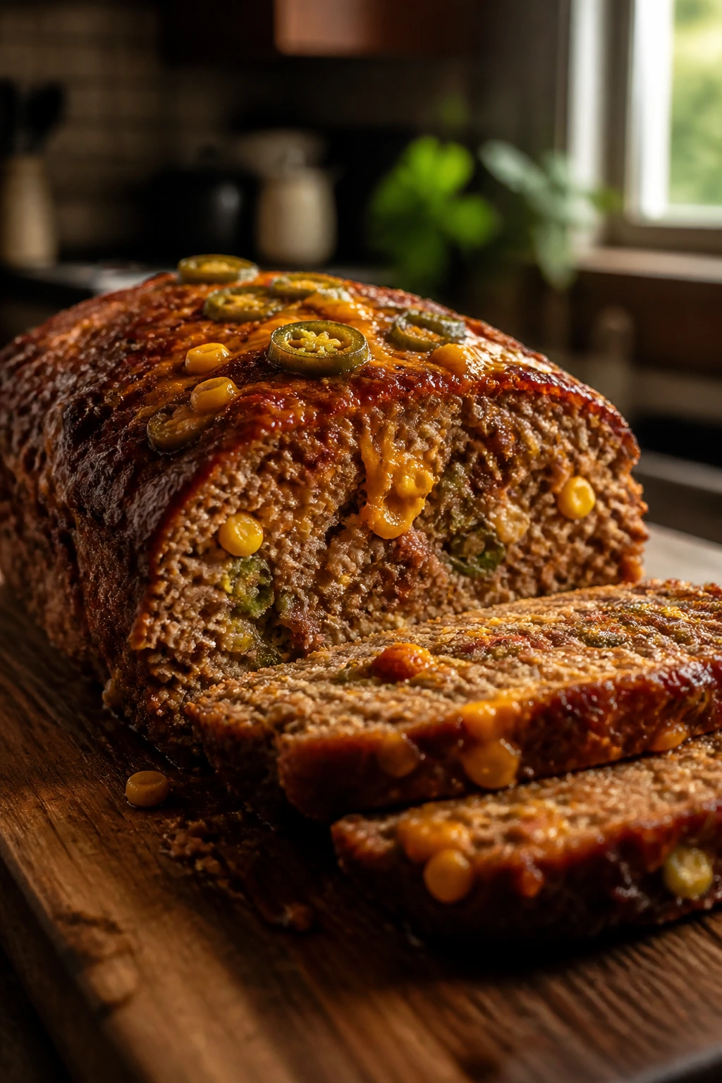 Close-up of Southwest Taco Meatloaf slice on wooden board with corn and jalapeño