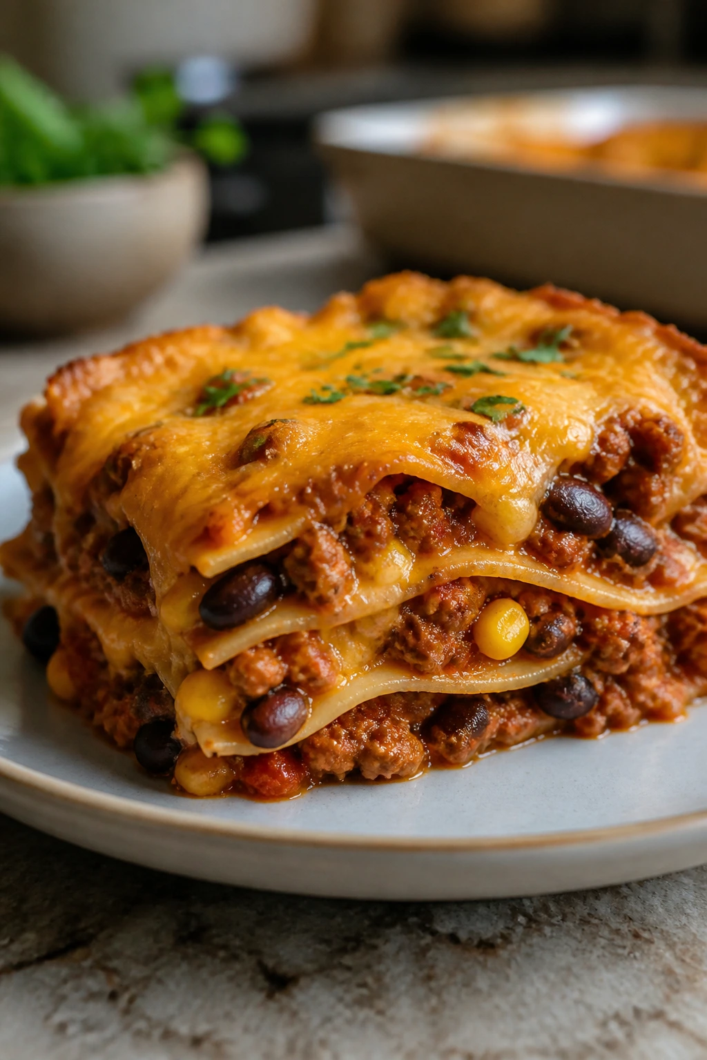 Plated slice of southwest taco lasagna with visible layered fillings