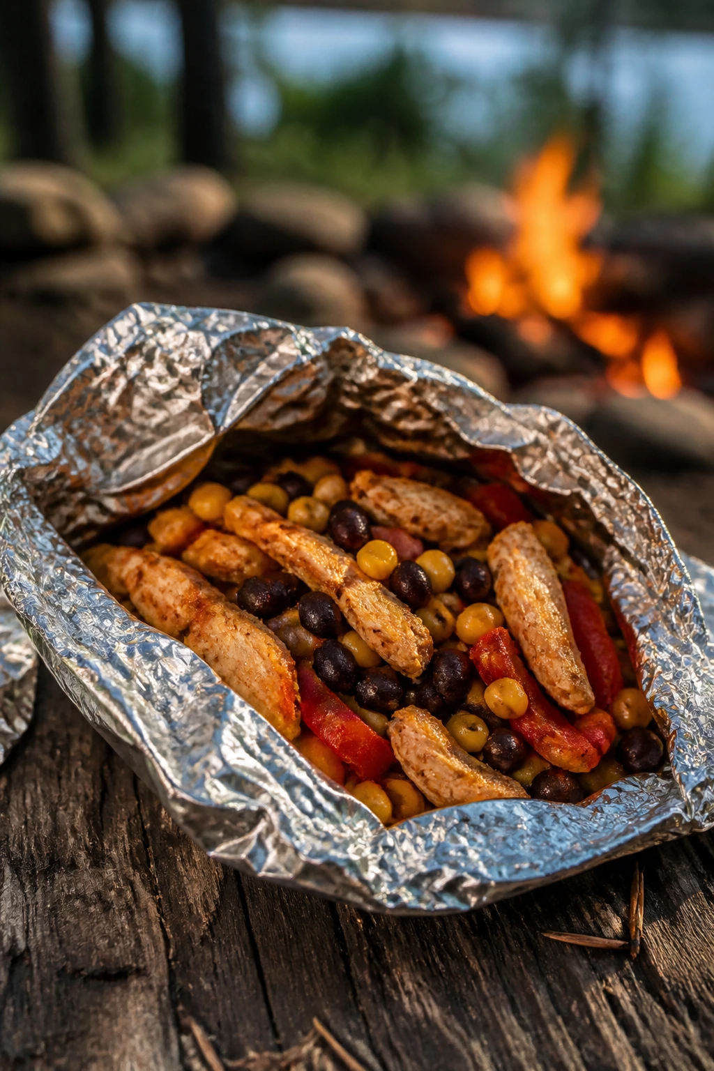 Close-up of a Southwest Turkey and Black Bean Packet opened to show turkey, beans, corn on a rustic campsite table at golden hour.