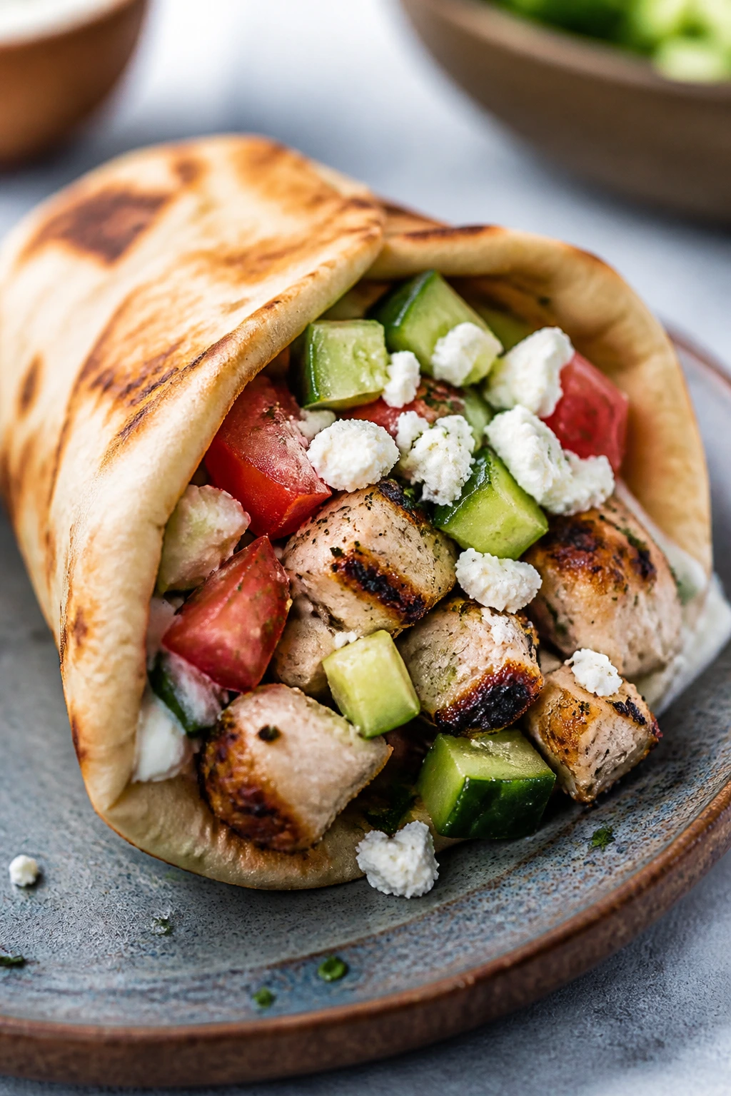 Close-up of Greek chicken souvlaki pita with cucumber and feta