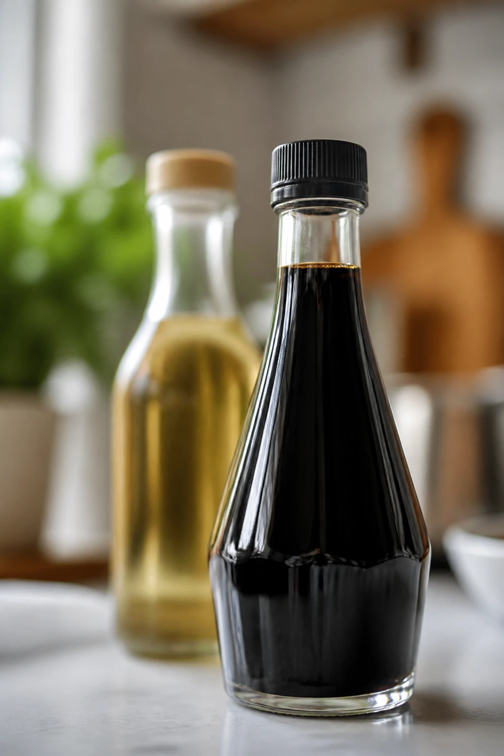 Soy sauce and rice vinegar bottles on a kitchen counter