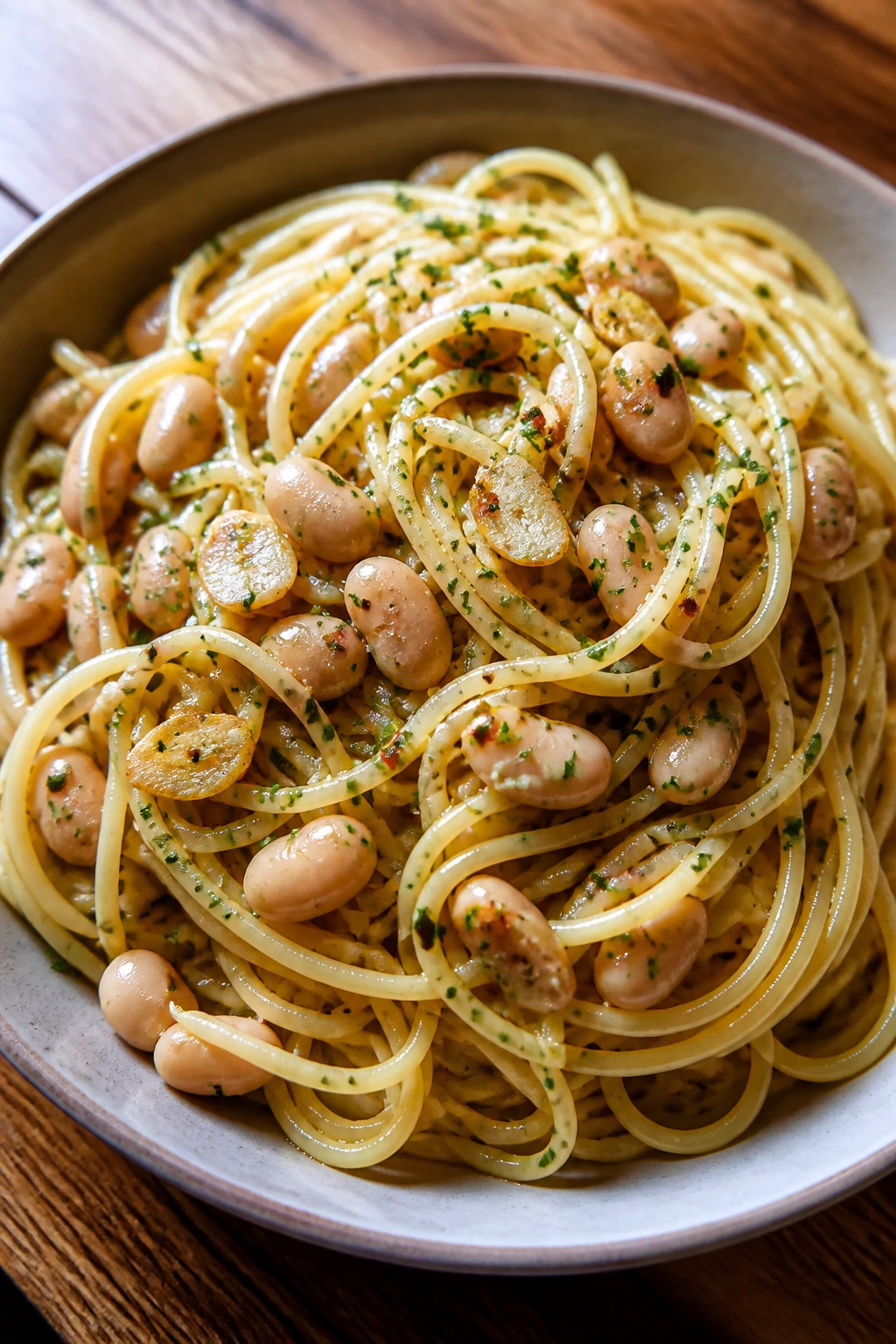 Close-up of spaghetti aglio e olio with white beans