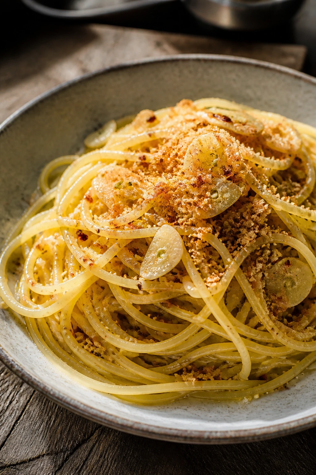 Close-up of Spaghetti Aglio e Olio with Toasted Breadcrumbs on a rustic wooden table.