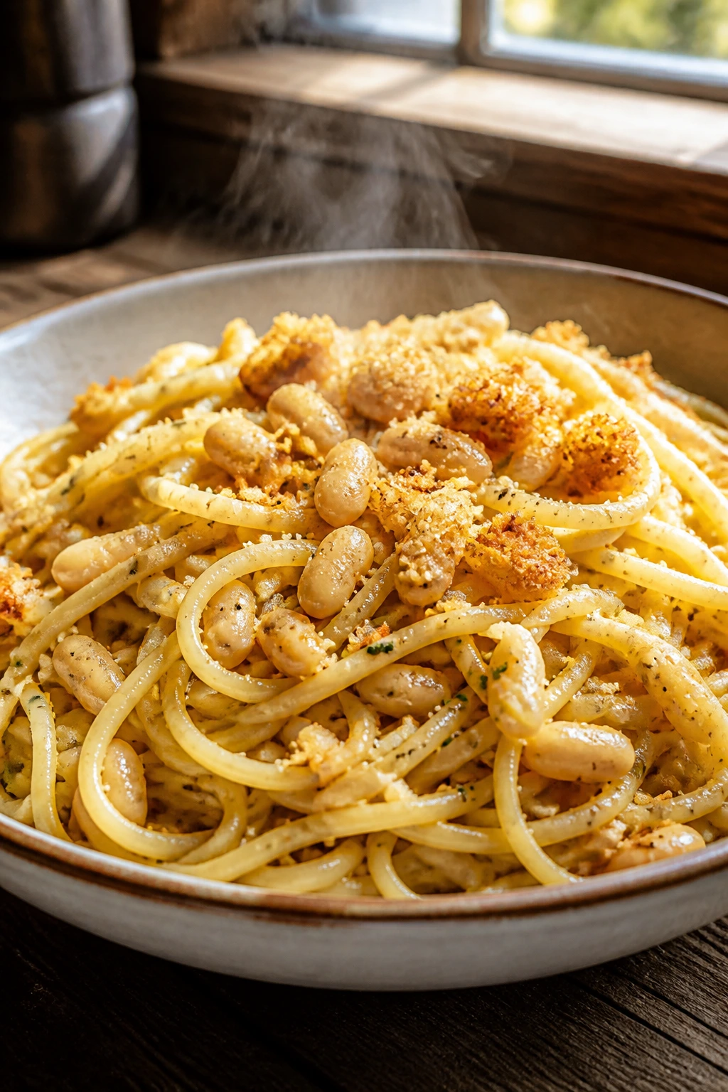 Close-up of spaghetti with white beans and crispy breadcrumb topping on a rustic kitchen table
