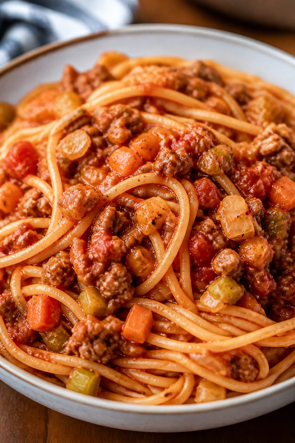 Plate of veggie-packed spaghetti Bolognese in a warm kitchen