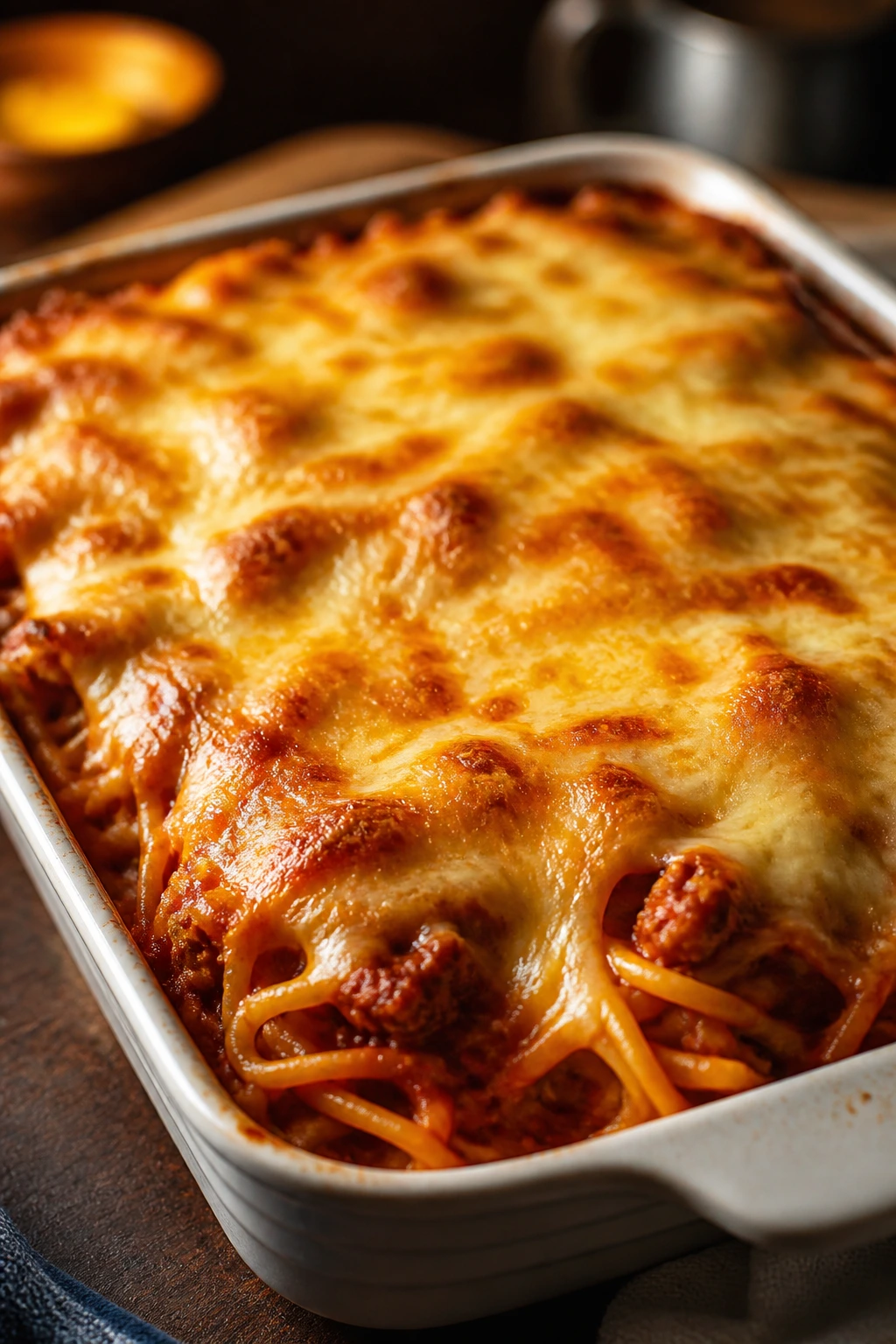 Close-up of cheesy baked spaghetti casserole with golden crust