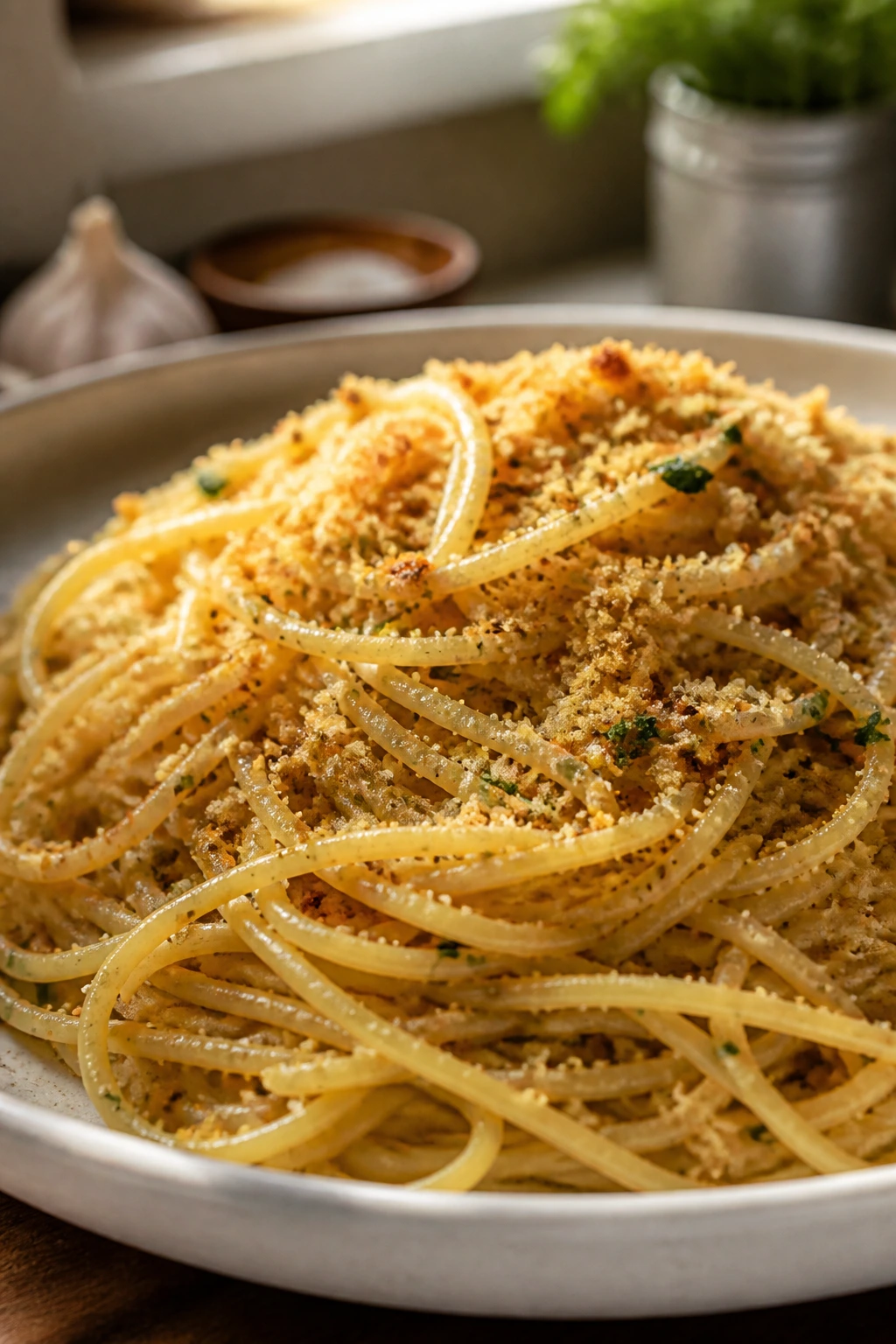 Close-up of spaghetti with garlic breadcrumbs on a plate