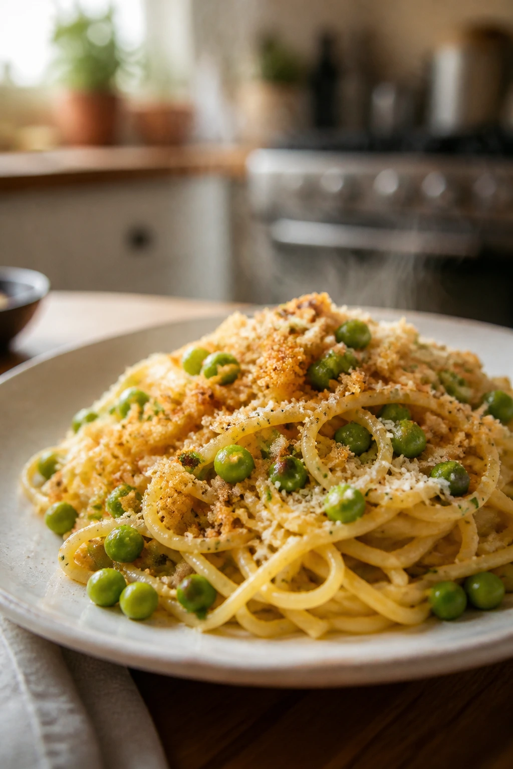 Plate of spaghetti with garlic breadcrumbs and peas in warm kitchen light