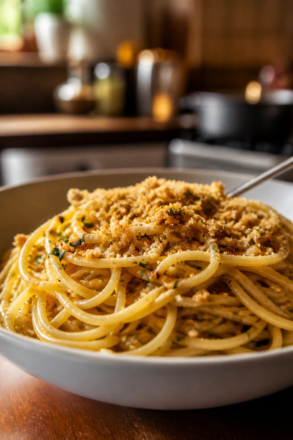 Close-up of spaghetti with garlic breadcrumbs in a cozy kitchen.