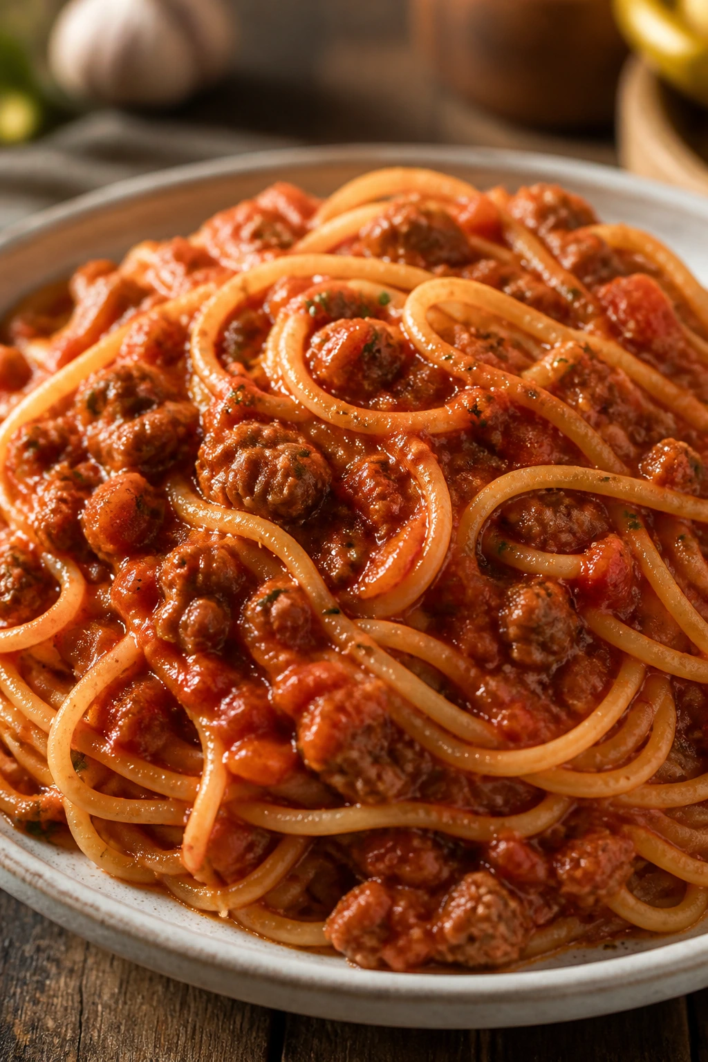 Close-up of spaghetti with meat sauce on a rustic kitchen counter.