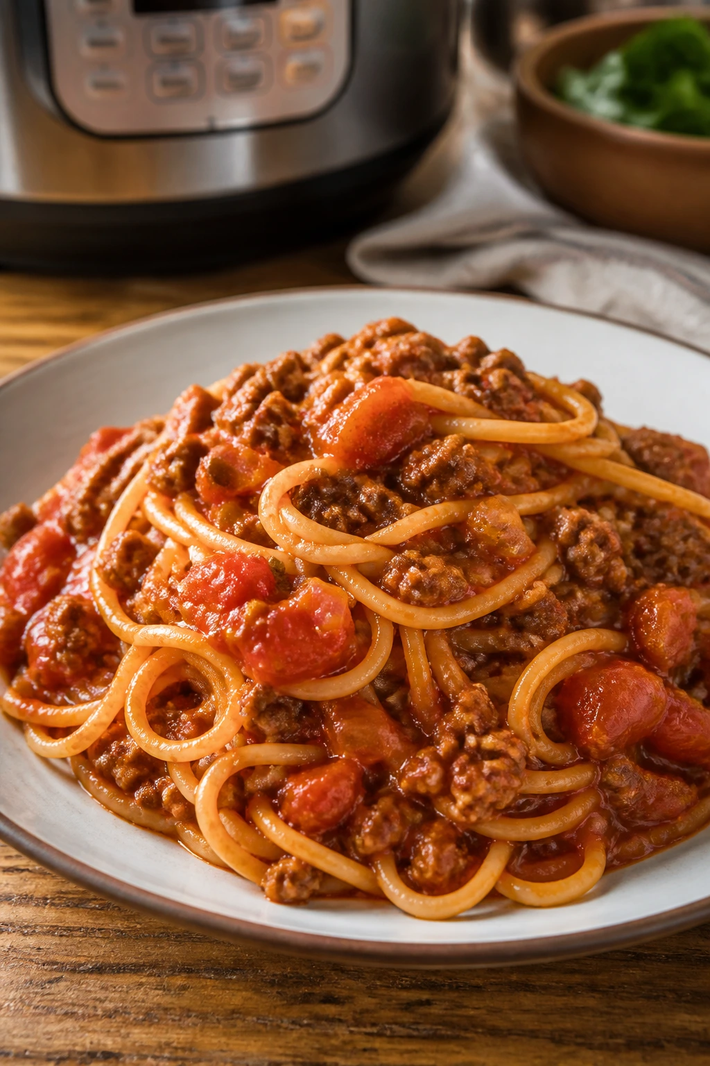 Close-up of spaghetti with meat sauce on a plate in a cozy kitchen