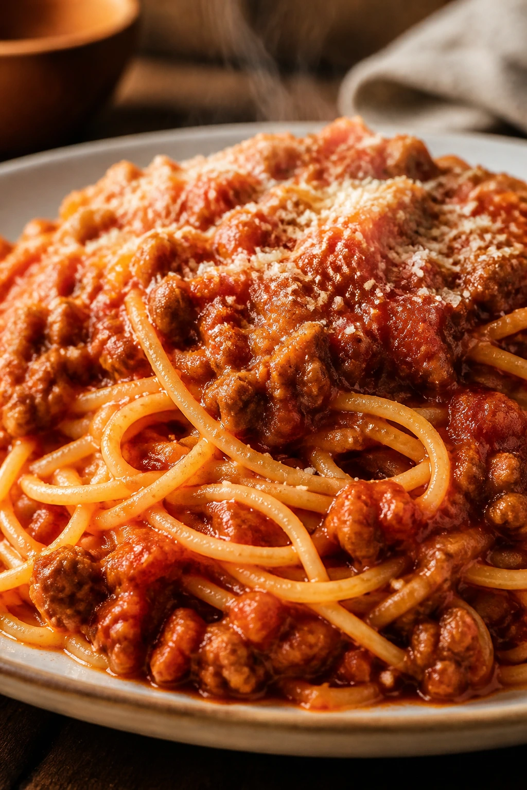 Plate of spaghetti with meat sauce close-up