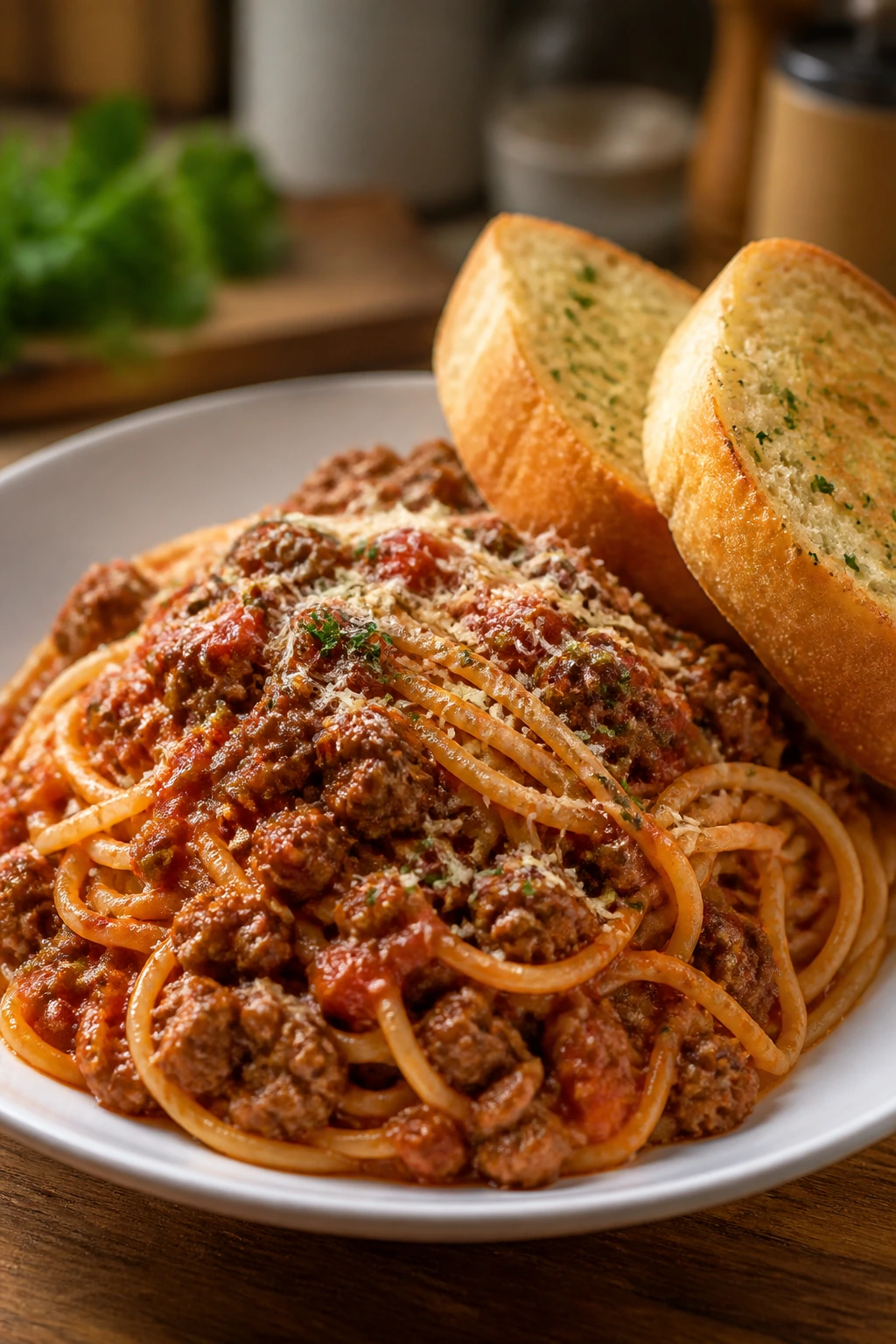 Close-up of spaghetti with meat sauce and garlic bread on a plate in a warm kitchen.