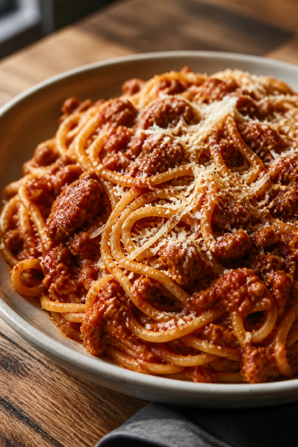 Plate of spaghetti with meat sauce filling the frame
