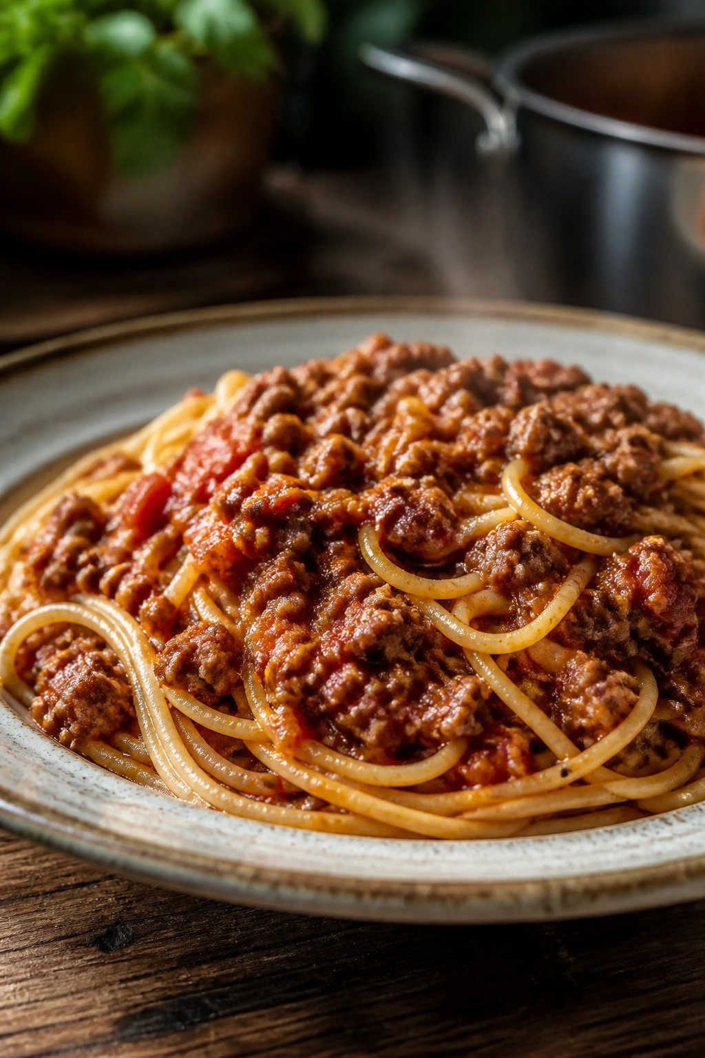 Close-up of spaghetti with meat sauce hiding vegetables in a rustic plate