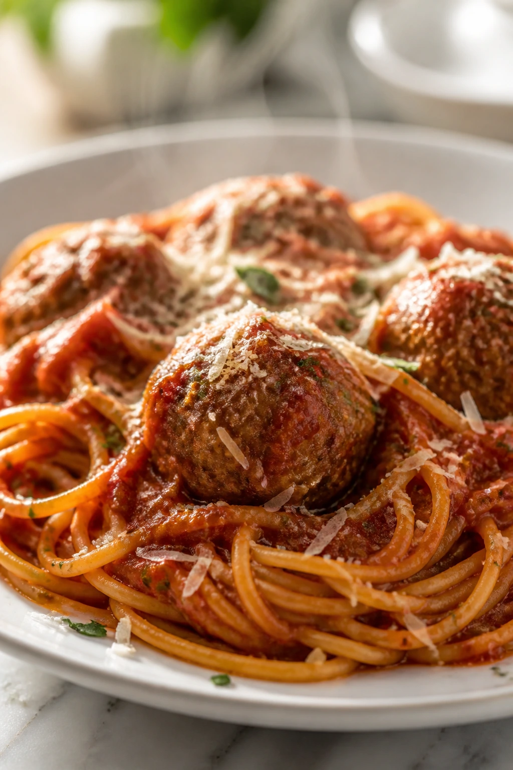 Close-up plate of spaghetti and meatballs in tomato sauce with parmesan