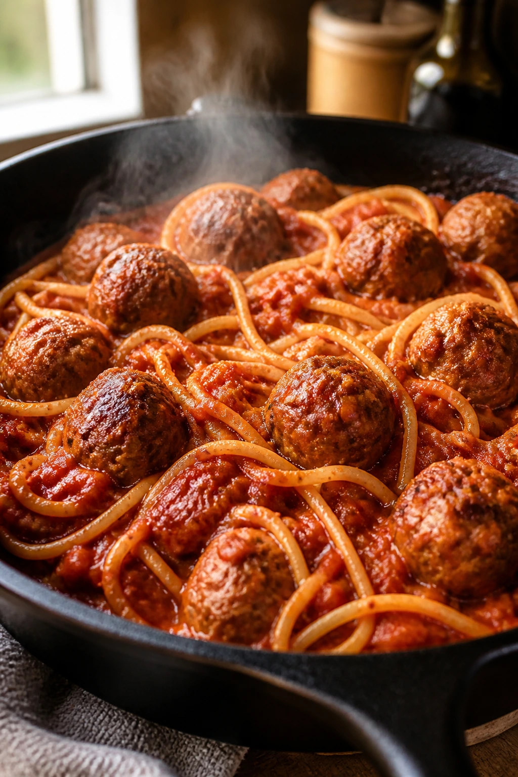 Close-up of spaghetti with meatballs in skillet in warm kitchen light