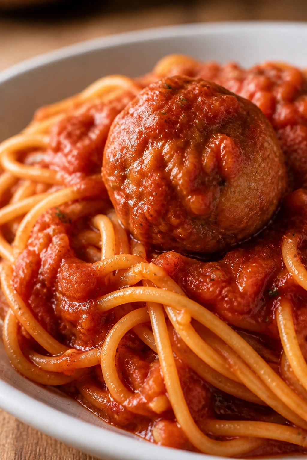Plate of spaghetti with meatballs and tomato sauce