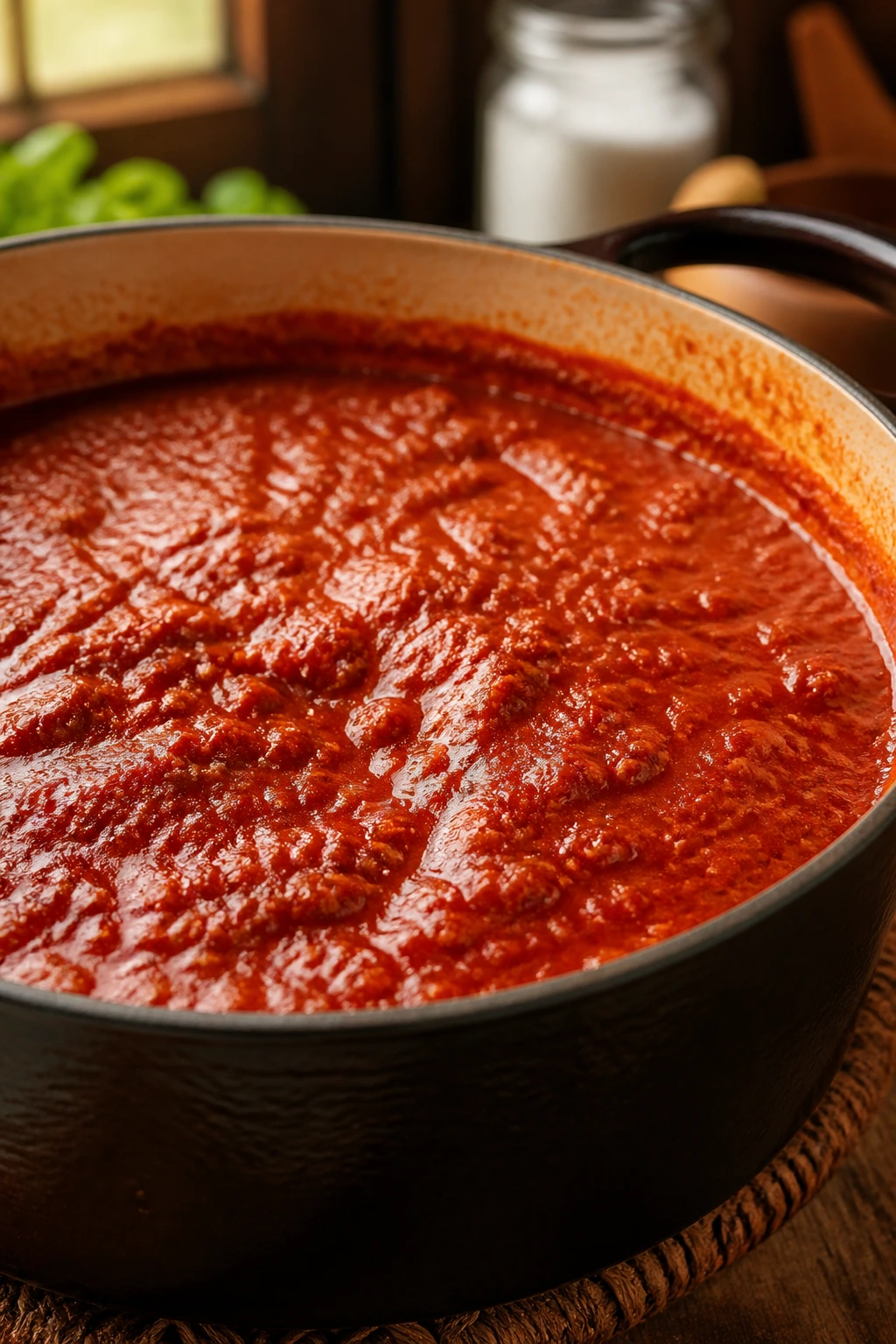 Close-up of thick tomato sauce with glossy surface in a pot