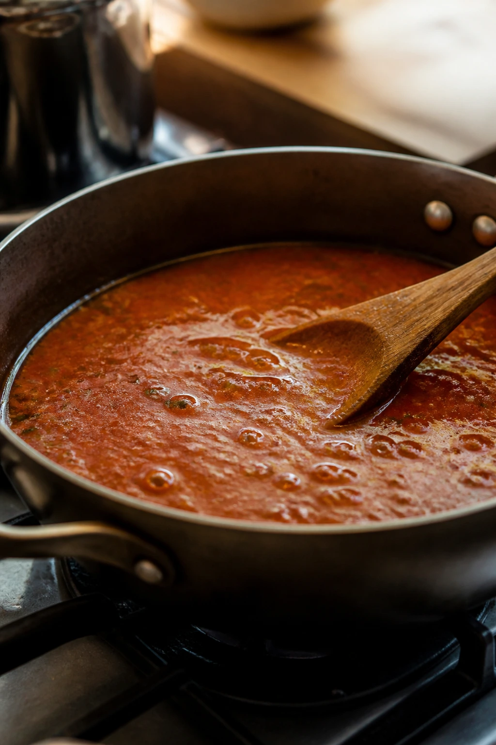 Close-up of sauce in a pan showing a watery texture, illustrating common spaghetti sauce mistakes