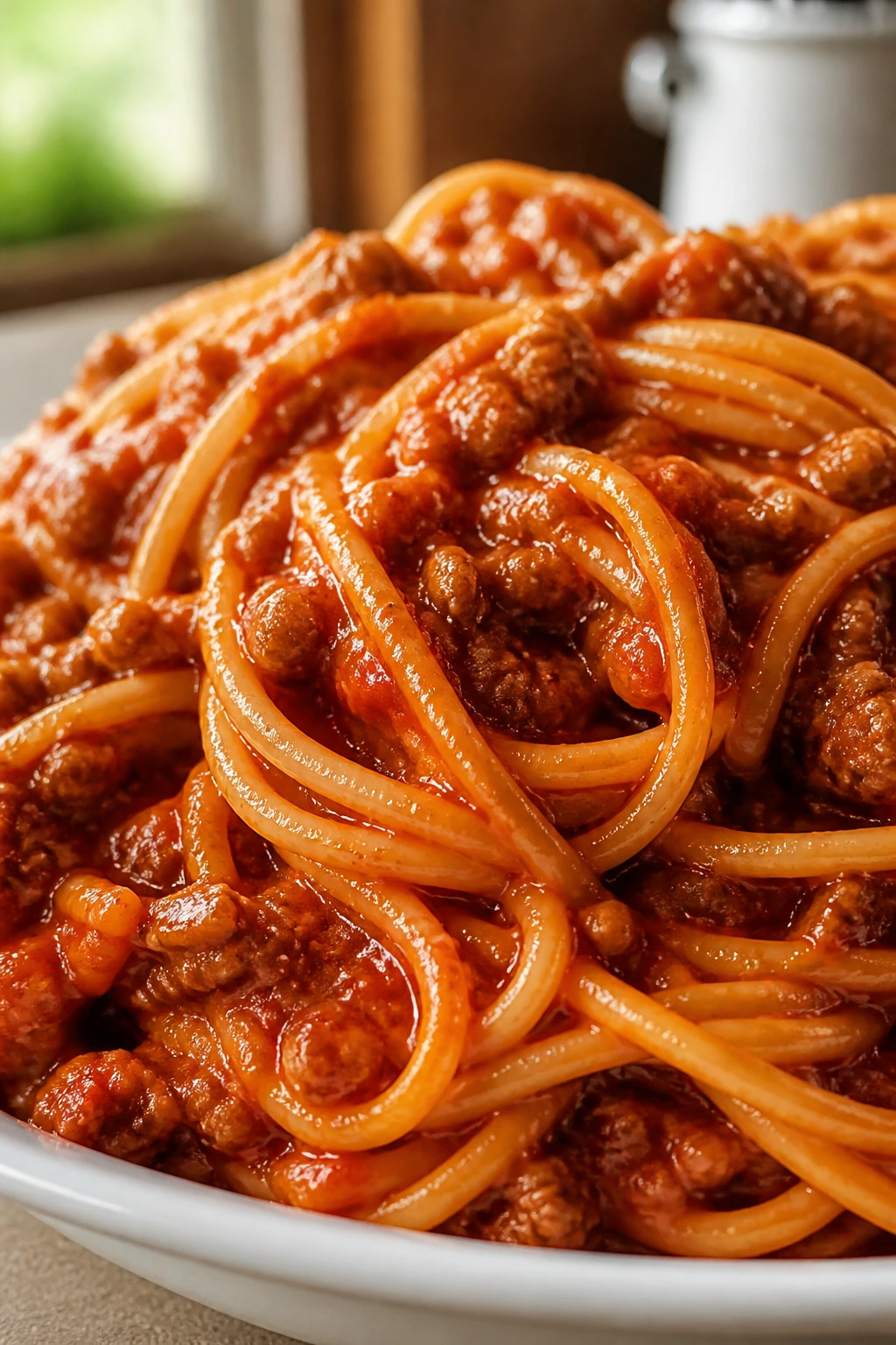Close-up of spaghetti with thick sauce clinging to noodles in a cozy kitchen