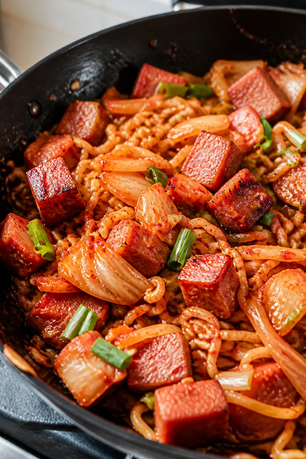 Crispy Spam and kimchi ramen stir-fry in a skillet