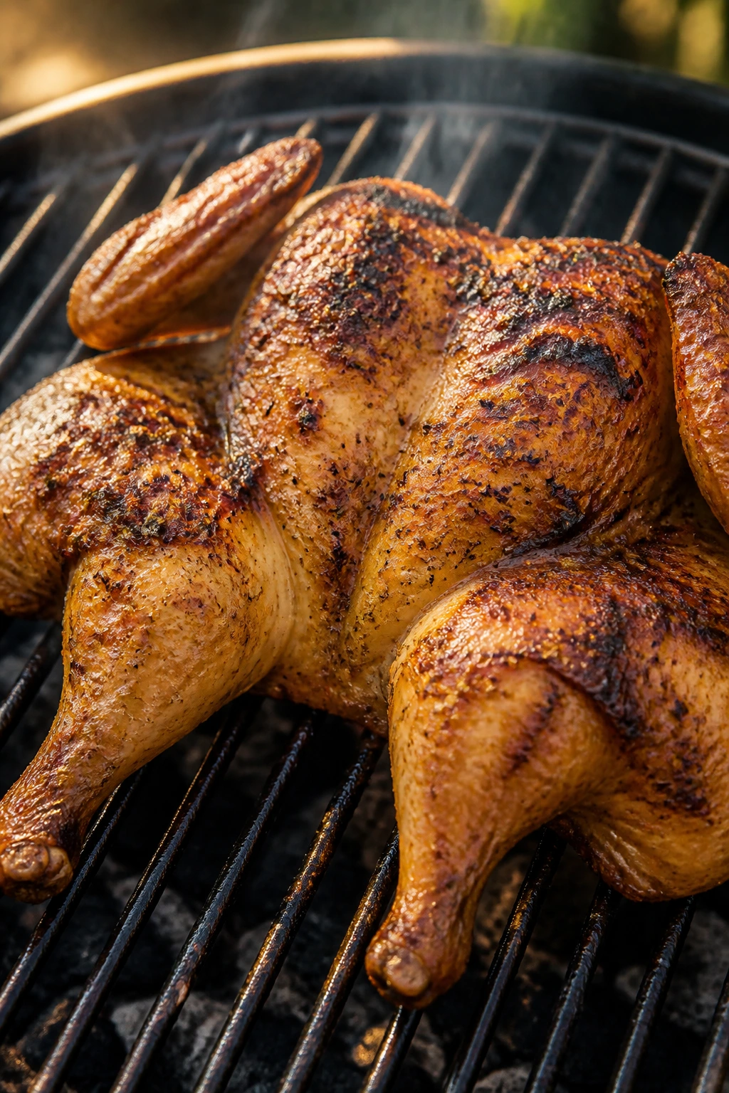 Close-up of lemon-garlic spatchcock chicken grilling outdoors