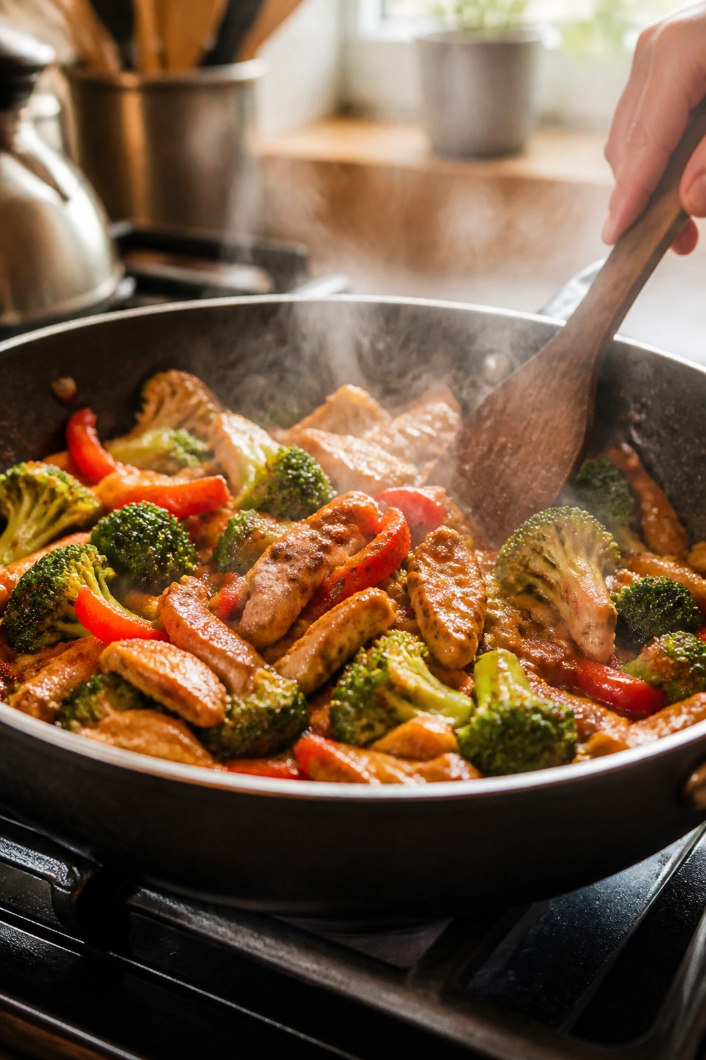 Close-up of sizzling one-pan dinner on stove with steam in a cozy kitchen