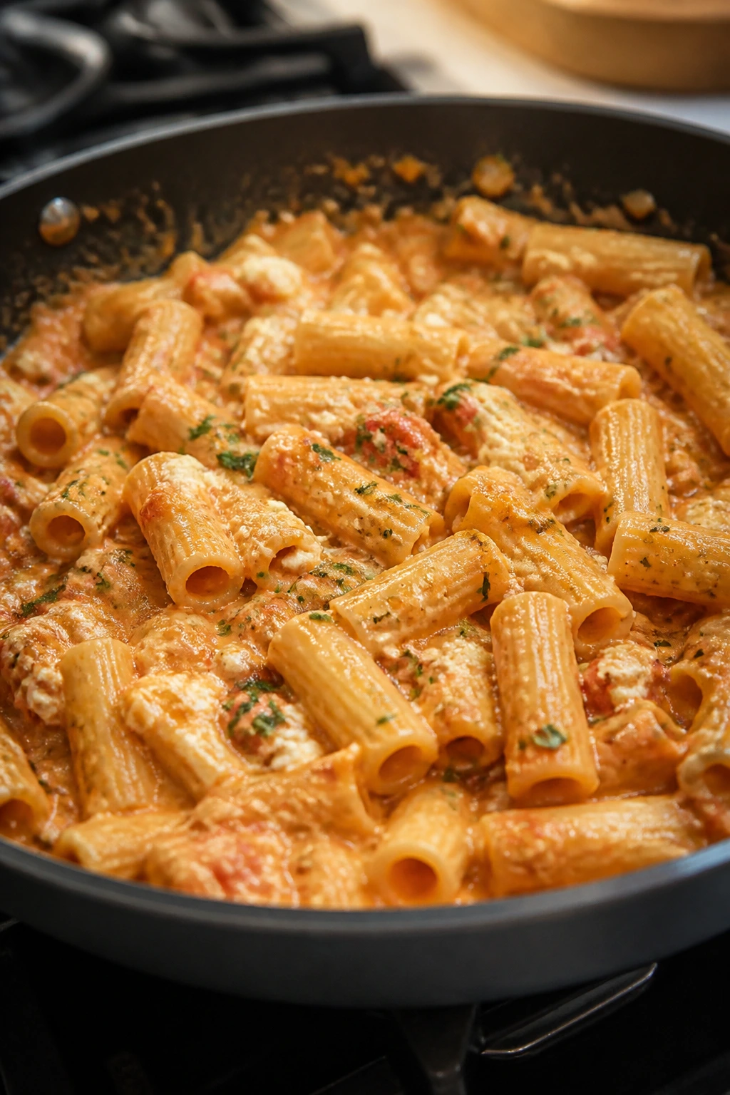 Close-up of ziti with cottage cheese in a skillet