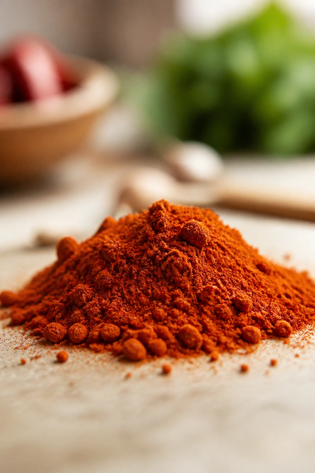Macro shot of red chili spice mound on a clean surface with a soft background