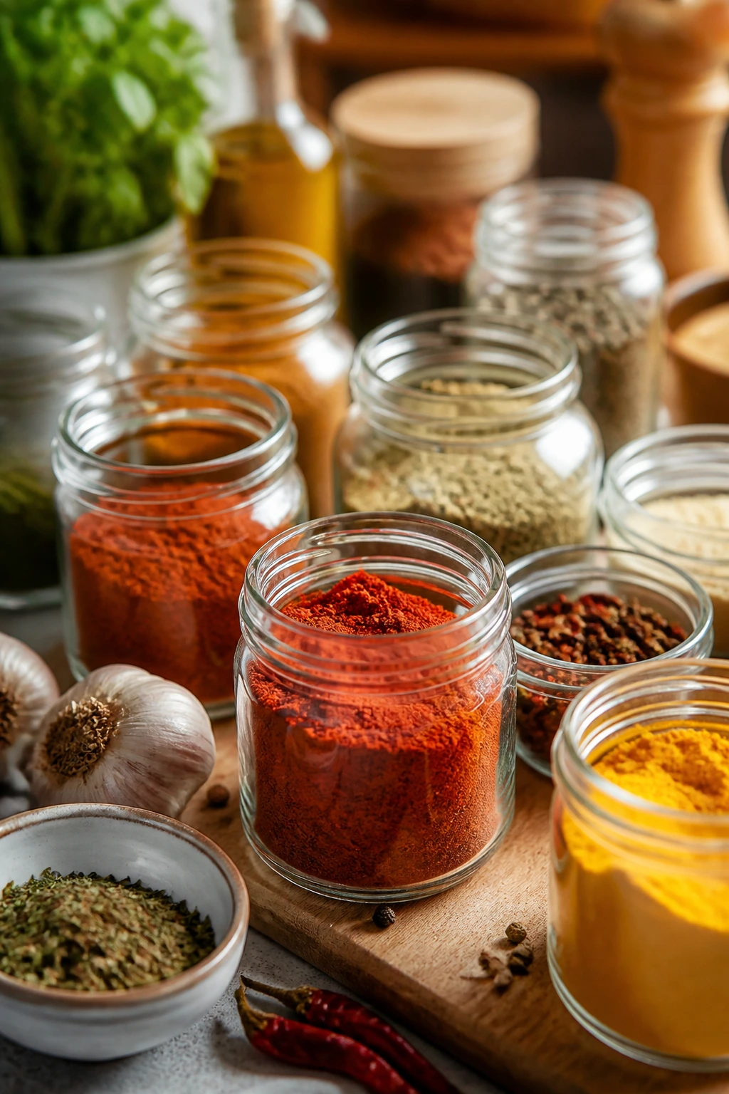 Spice jars and flavor boosters on a counter