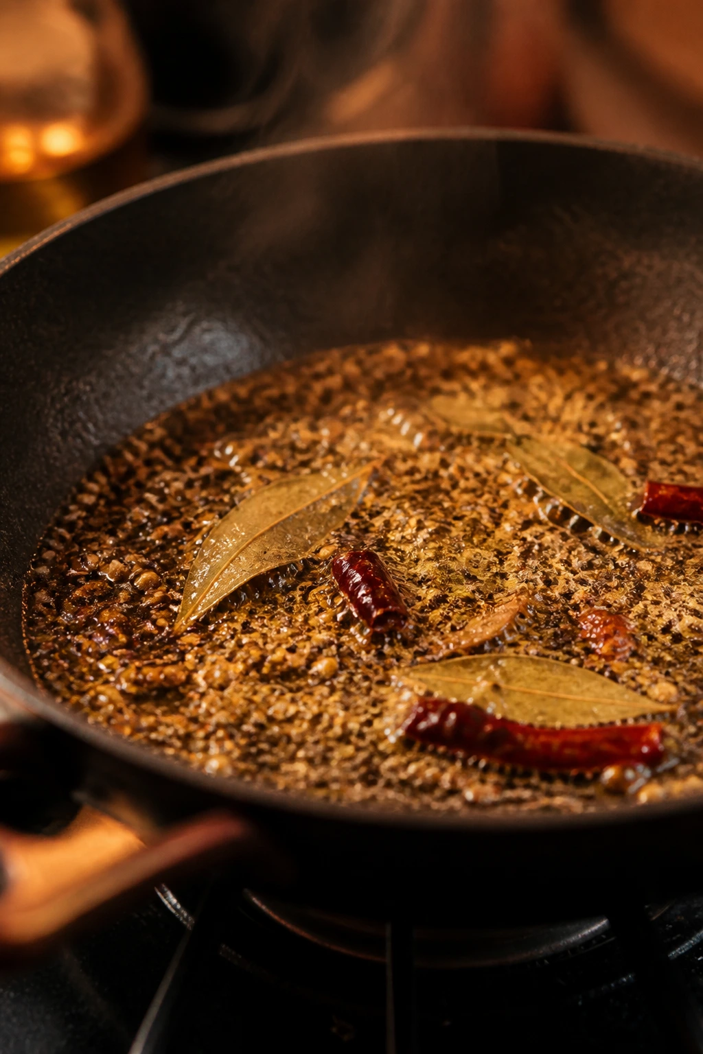 Spices toasting in oil in a skillet for curry enhancement