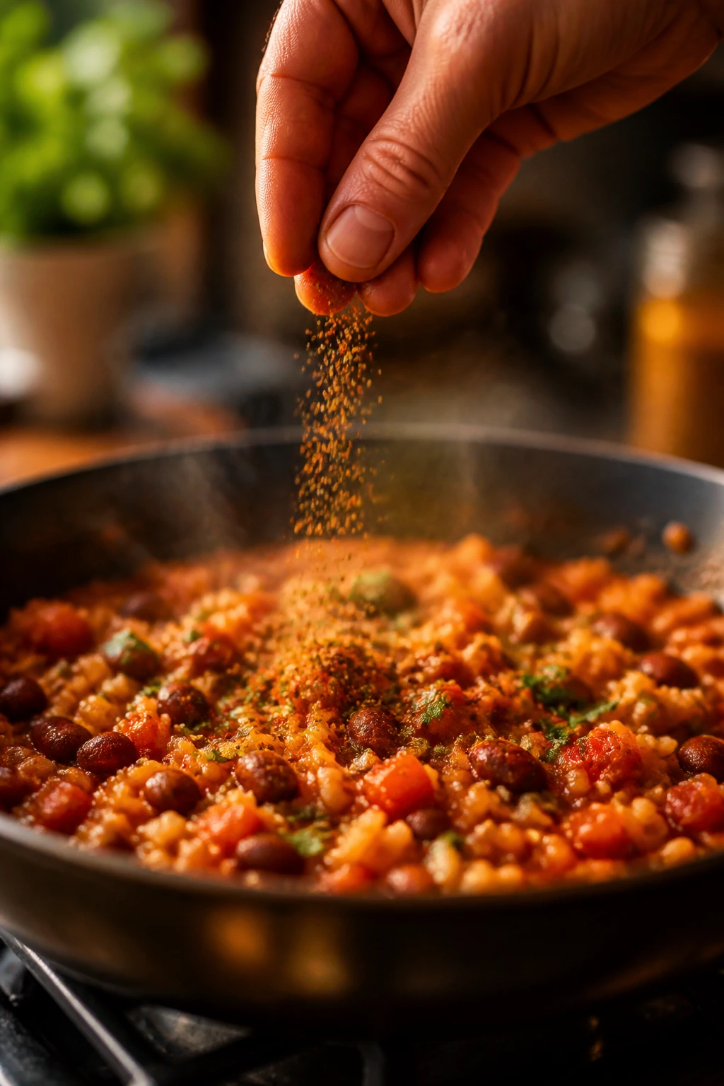 Hand sprinkling spices over a skillet of beans and rice in a warm kitchen.