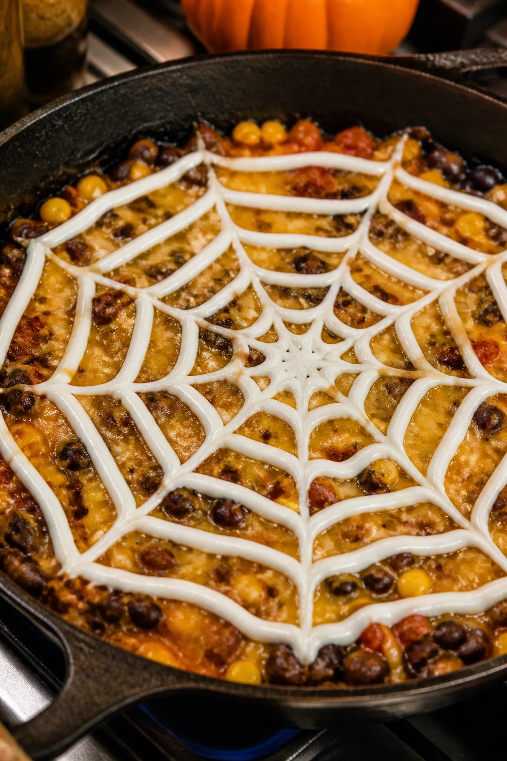 Taco skillet with spiderweb sour cream topping.