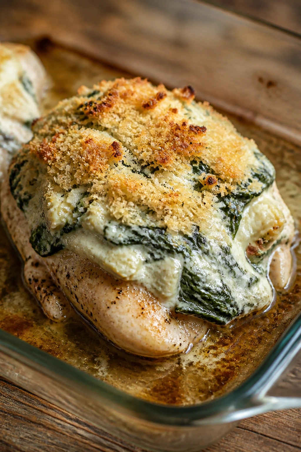 Close-up of spinach artichoke topped chicken breast with breadcrumb crust