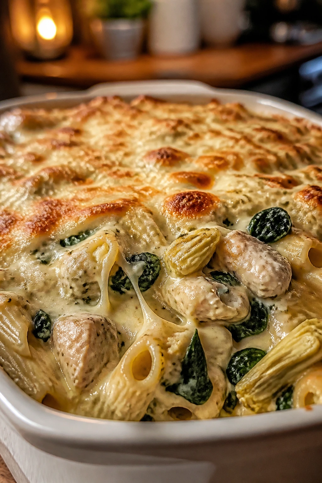 Close-up of Spinach Artichoke Chicken Pasta Bake with spinach and artichokes