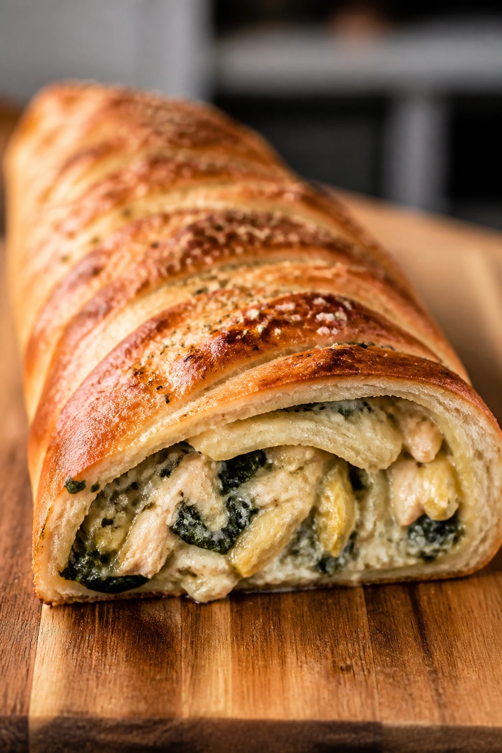 Spinach artichoke chicken stromboli cross-section showing creamy filling