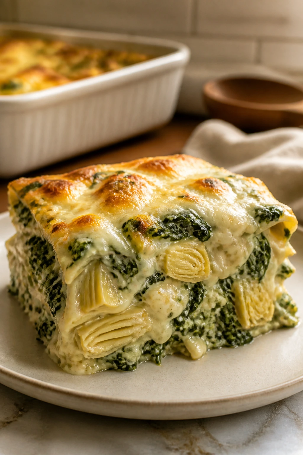 Close-up of Spinach Artichoke Lasagna slice with artichokes and spinach