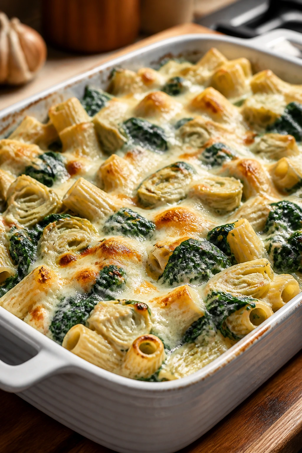 Creamy spinach artichoke pasta bake in a baking dish
