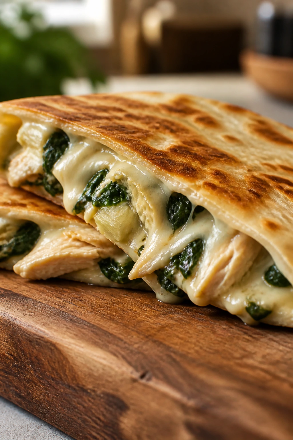 Close-up of a spinach artichoke chicken quesadilla showing creamy filling