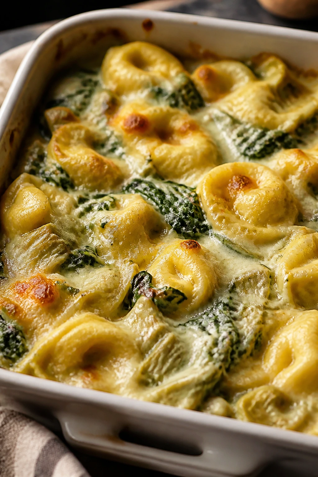 Creamy spinach artichoke tortellini bake in a dish