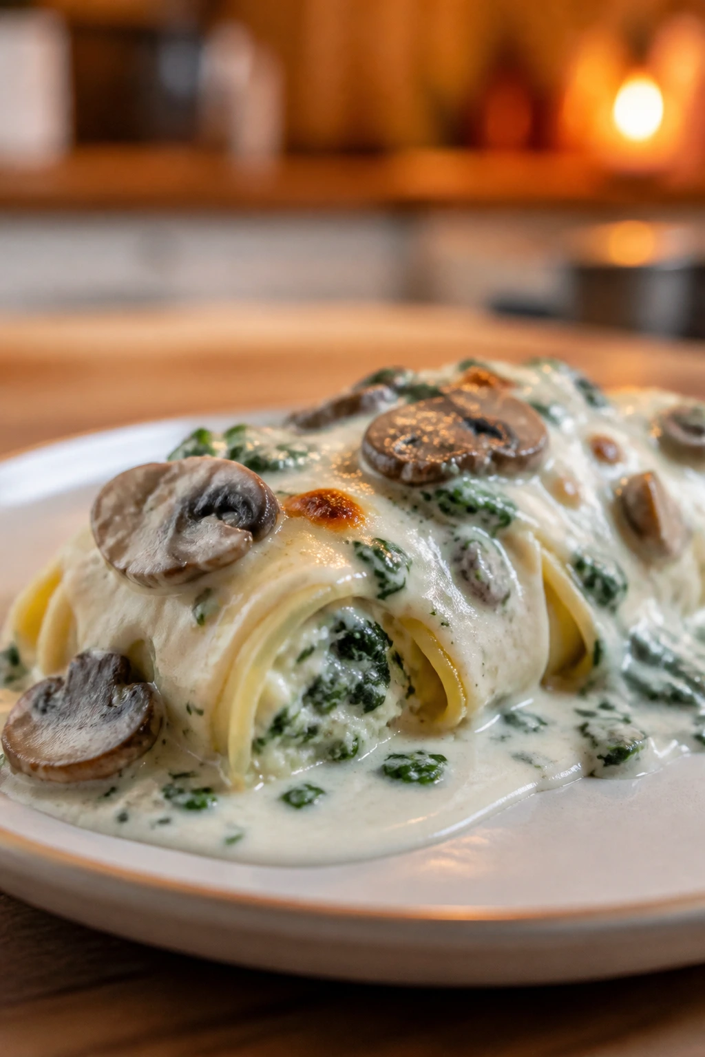 Spinach and mushroom stuffed manicotti in cream sauce close-up