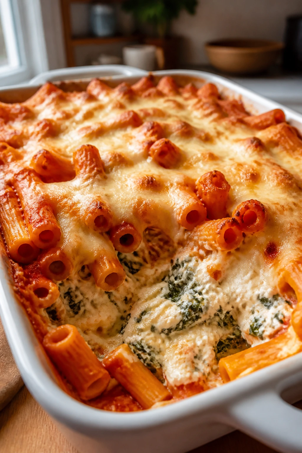 Baked ziti with spinach and ricotta in marinara