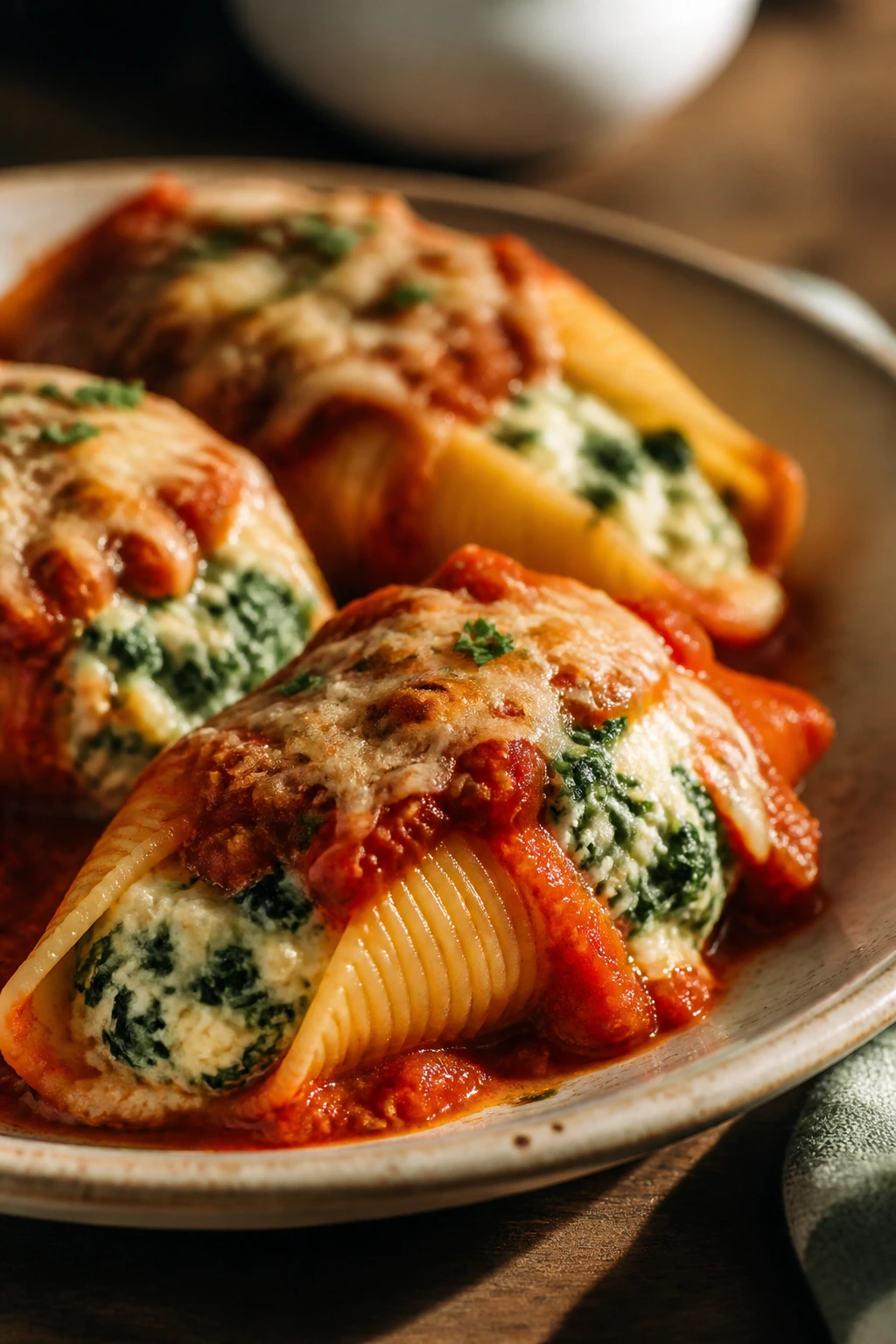 Stuffed shells with spinach ricotta on plate
