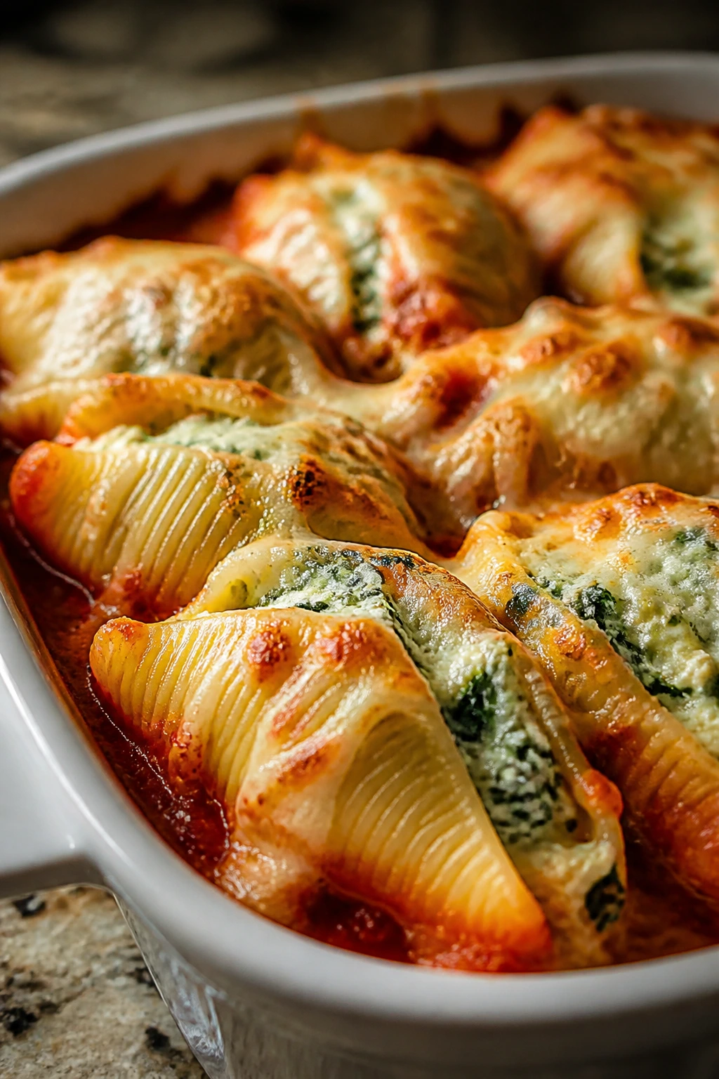 Close-up of stuffed shells topped with melted cheese.