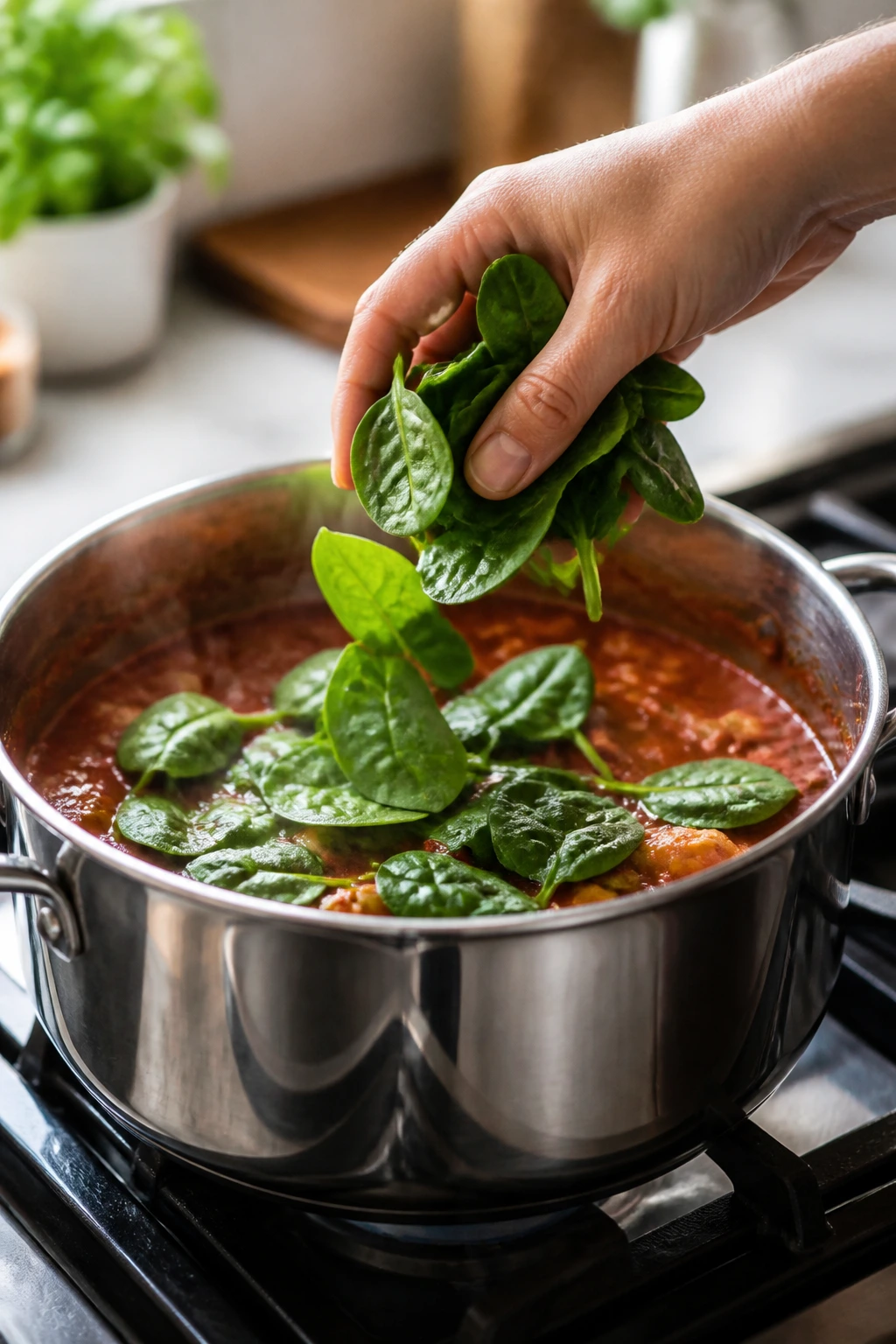 Hand adding spinach to pasta sauce in a kitchen