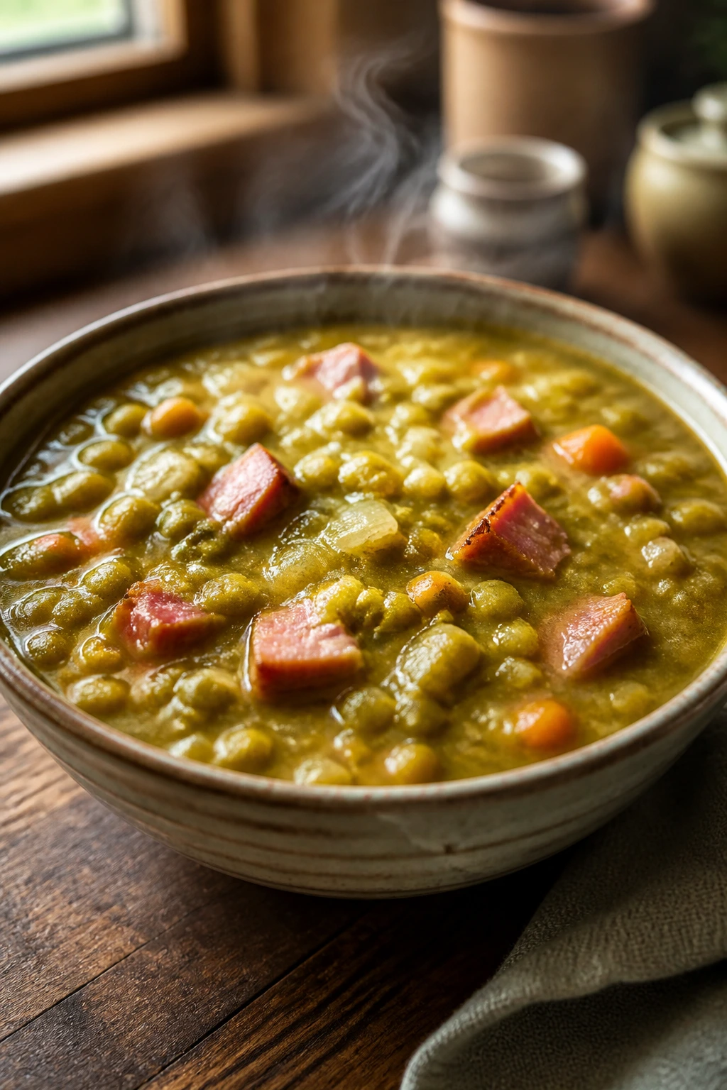 Close-up of Split Pea and Ham Soup in a rustic bowl