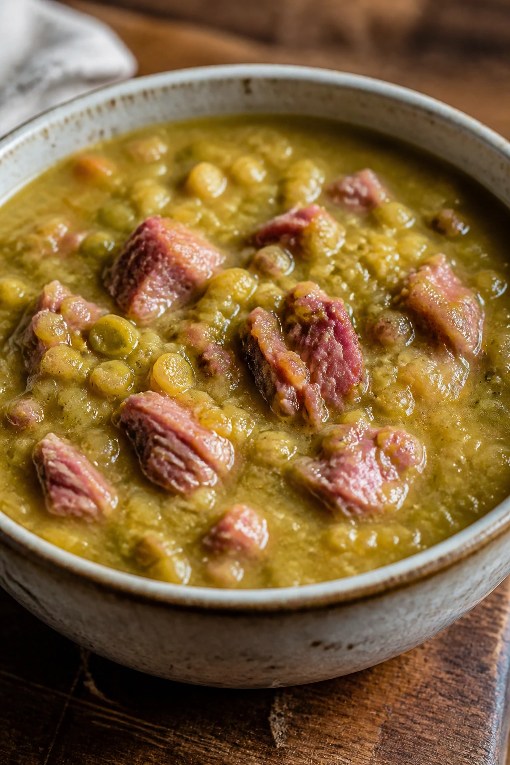 Close-up of Split Pea and Ham Stew in a bowl